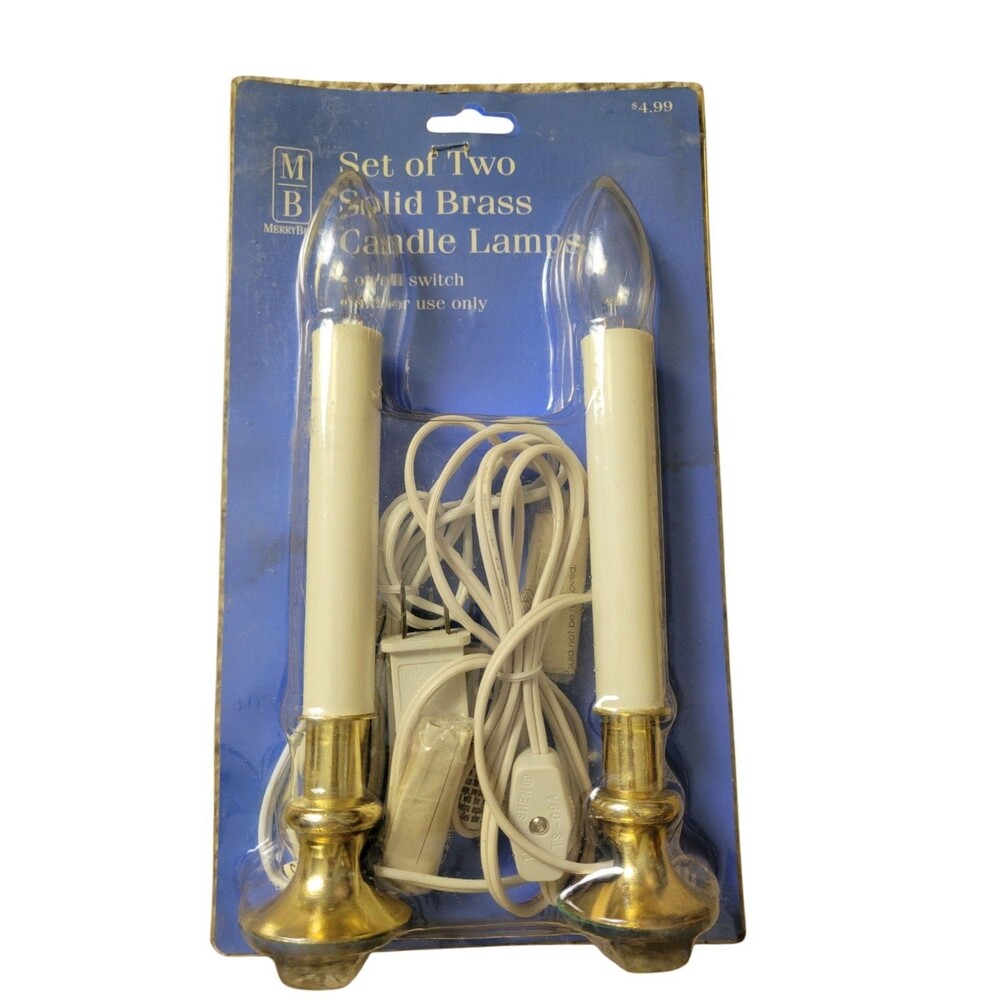 NIP Merry Brite Vintage Christmas Set Of 2 Solid Brass Candle Lamps 8.75"